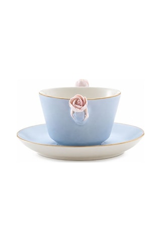 Villari Baby Blue-pink Çay Fincanı & Tabağı İtalyan El Yapımı Porselen, Lüks Koleksiyon Mavi