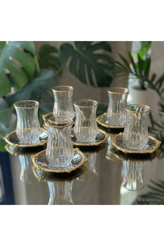12 Parça 6 Kişilik Kristal Kesim Çay Takımı Cam Çay Bardağı Ve Tabak Seti Eco Gümüş