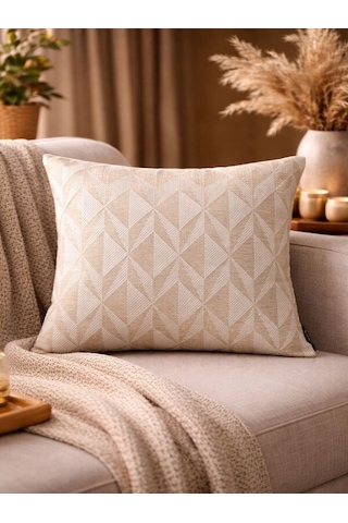 Krem Bej Geometrik Desenli Keten Kırlent Kılıfı 43x43 Cm Premium Collection Krem - Bej