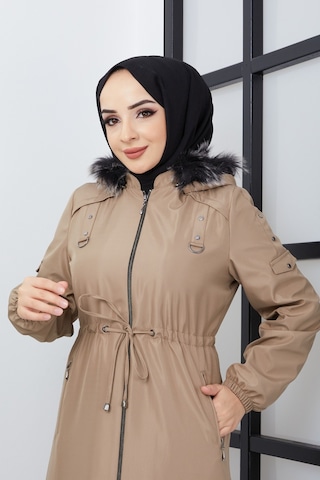 adın Içi Kürklü Astar Altı Elyaf Belden Büzgülü Uzun Pardesü Açık Bej