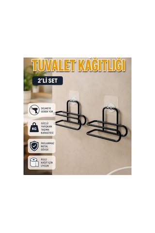 Siyah Metal Yapışkanlı Tuvalet Kağıtlığı 2 Li Rulo Tutucu Renkli