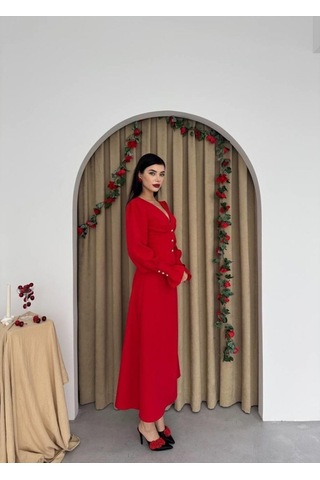 Meta Düğme Detaylı Elbise Altın