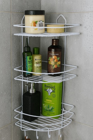 Paslanmaz Beyaz Yapışkanlı Banyo Köşeliği Düzenleyici, Şampuanlık, Duş Rafı 3 Katlı - 4 Kancalı - Ek-03 Beyaz