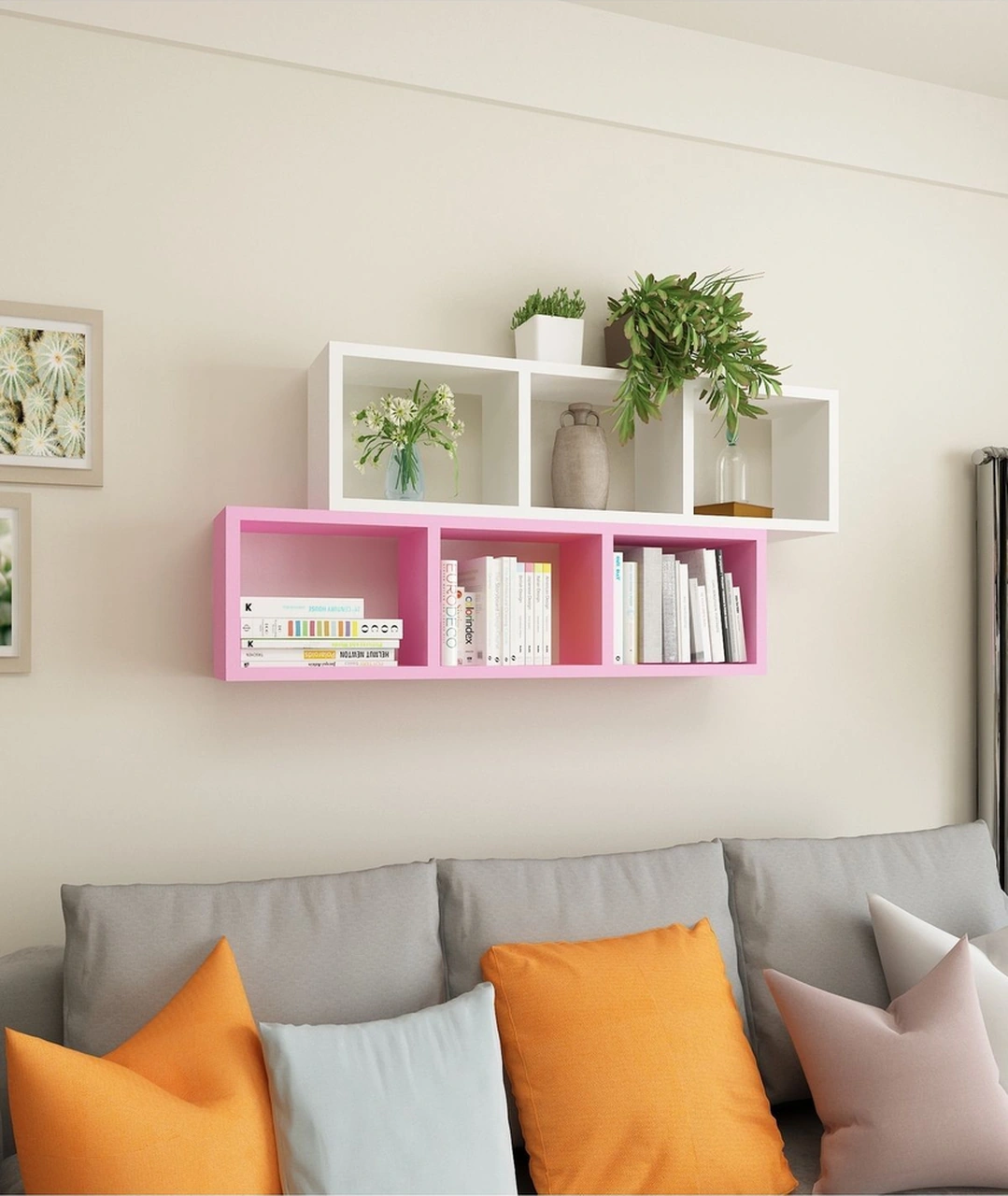 Kitaplık Ofis Duvar Rafı Renkli Ikili Takım Beyaz Pembe Pembe.beyaz