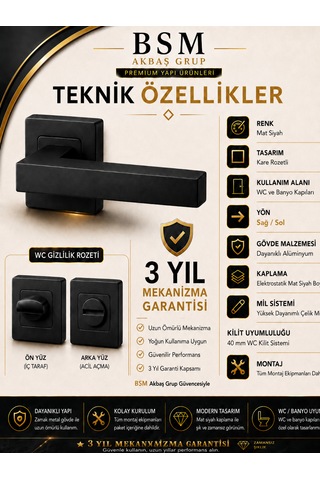 Mat Siyah Kare Rozetli Wc Banyo Kapı Kolu Alüminyum Yapı Modern Tasarım