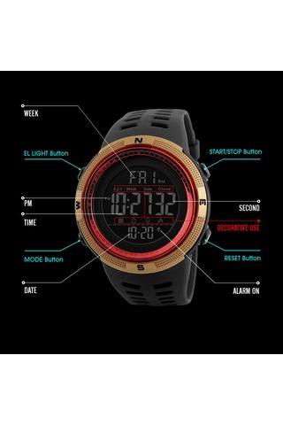 Lemestar Skmeı 1251 Erkek Spor Saati, Çift Zamanlı, Geri Sayım, 50m Su Geçirmez, Alarm, Kronometre, Yeşil Renk Dijital Saat