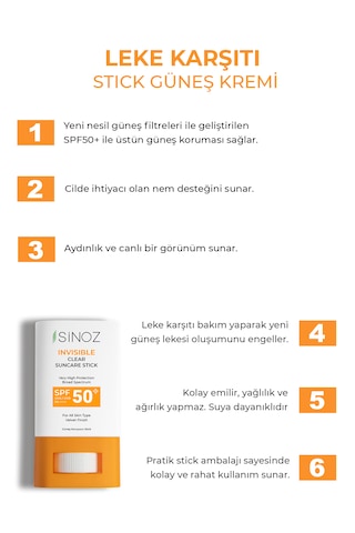 Sinoz Nemlendirici ve Yatıştırıcı Yüksek Korumalı Şeffaf Stick Güneş Kremi SPF50+ 15 G