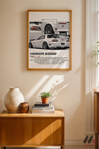 Honda S2000 Beyaz Jdm Poster, Ahşap Çerçeveli Duvar Tablosu - Oto Severlere Özel Hediye