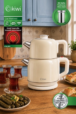 Ktm-2921 Paslanmaz Çelik Çay Makinesi 1800w & 2.2 L Su Isıtıcı & 1.2 L Demlik & 90 C Sıcak Tutma Krem