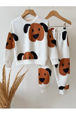 Magu Çocuk Pamuklu Köpek Desenli Ekru Sweatshirt Ve Eşofman Altı Takımı Çok Renkli