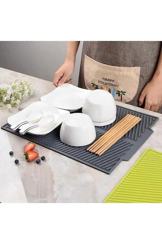 Rotanev Gri Büyük Boy Silikon Su Toplamaz Bulaşık Kurutma Matı Bulaşıklık - Bulaşık Altlığı 44 X 33 Cm