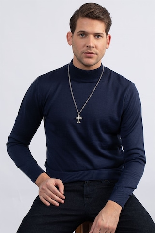 Tudors Slim Fit Dar Kesim Yarım Balıkçı Yaka Düz Erkek Kazak-23123 Lacivert