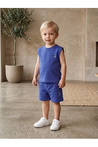 Zekids Erkek Bebek Pamuklu Kolsuz T-shirt Şortlu Takım-17335 Mavi