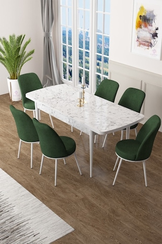 Canisa Concept Zen Serisi 80x132 Mdf Açılabilir Beyaz Mermer Desen Masa Takımı Ve 6 Haki Yeşil Sandalye Masa Beyaz/sandalyeler Haki Yeşili