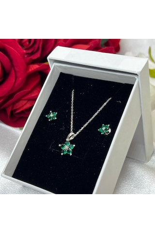 Zümrüt Yeşili Çiçeği Kadın 2'li Set 925 Ayar Gümüş Rodyumlu Zirkon Taşlı Gümüş