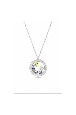 Çekirdekjewelry Rodyum Renkli Arı Ve Çiçek Figürlü Taşlı Yuvarlak Kolye Gri