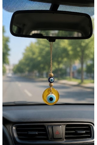 Nazar Boncuğu Dikiz Aynası Süsü Sarı Renkli 4 Cm Duvar Süsü El Yapımı Cam Kapı Süsü Araba