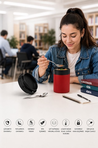 850 Ml Paslanmaz Çelik Sızdırmaz Termos Yemek Taşıma Kabı / Sefer Tası Beslenme Kutusu Kırmızı