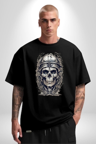Kask Miğfer İskelet Asker Pamuklu Bisiklet Yaka Unisex Oversize Boyfriend Dijital Baskılı Siyah T-shirt Siyah