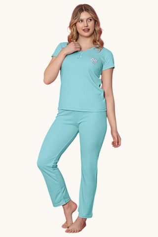 V Yaka Fiyonk Detaylı Yarım Kollu Kadın Pijama Takımı Mavi