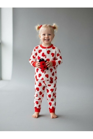 Zekids Kız Bebek Pamuklu Kalp Desenli Pijama Takımı-16850 Kırmızı