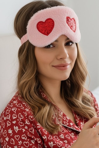 Caş Dekorasyon Pembe Ve Kırmızı Renk Kalpli Peluş Uyku Bandı Pembe