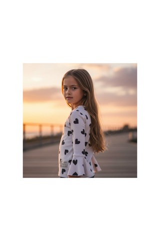 Fesshera Kids Kız Çocuk Sweatshirt Uzun Kollu Fitilli Kalp Desenli İspanyol Kol Kesimli Pamuklu Kışlık Sweatshirt Bej