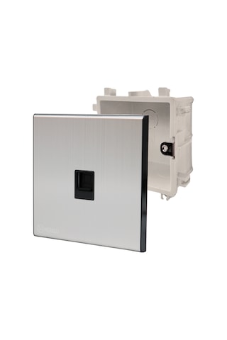 MERALLI INOX RJ45 data prizi, hakiki fırçalanmış paslanmaz çelik, çerçevesiz 86×86 Modüler kasa dahil