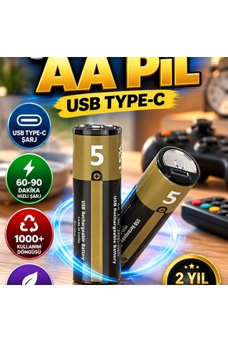 1.5v Aa Type-c Şarjlı Lityum Pil 60 90 Dakika Hızlı Şarj, 1000+ Kullanım, 2 Adet