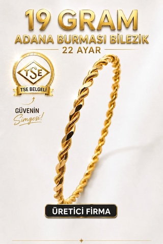 22 Ayar Tse Belgeli 19 Gram Adana Burması Bilezik Altın Gold İşçiliksiz Bilezik Düğün