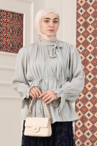 Sevitli Kolu Volanlı Janjan Abiye Bluz-mint Yeşili-5766