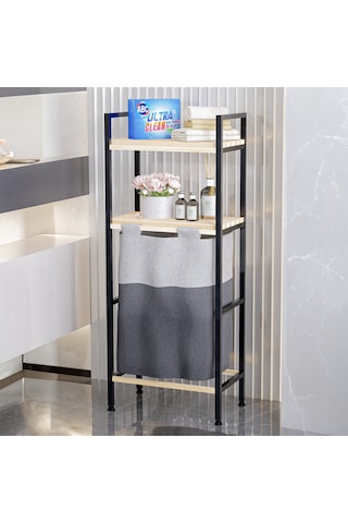 Bino Ahşap Raflı 2 Katlı Büyük Boy Kapaklı Çamaşır Kirli Sepeti Çok Amaçlı Banyo Düzenleyici Siyah