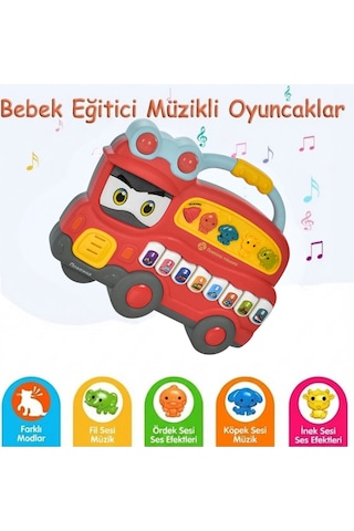 Eğitici Müzikli Işıklı Piyano Otobüs - Hayvan Sesli Ve Notalı Bebek Aktivite Oyuncağı Kırmızı