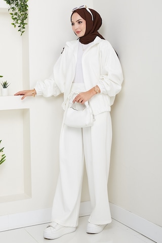 Bestenur Fermuarlı Oversize Takım 1595 - Beyaz Beyaz