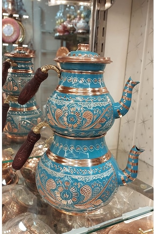 Bakır Çaydanlık El Işlemesi Çiçek Desenli Turkuaz Renk İşlemeli