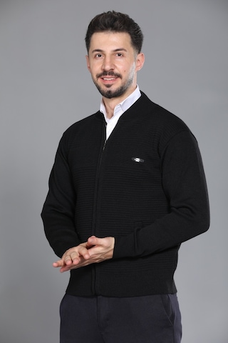 Kzctekstil Erkek Baba Ve Orta Yaş Triko Örgü Çift Cepli Akrilik Klasik Fit Fermuarlı Hırka Siyah