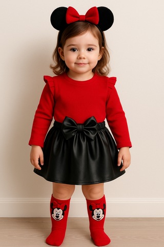 Deri Etek Badi, Diz Altı Çorap Takımı Kız Çocuk Takım Kırmızı