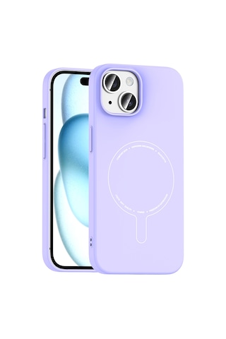 Apple iPhone Uyumlu 15 Kılıf M-safe Şarj Özellikli Kamera Korumalı Zore Elio Sert Pc Kapak - Lila