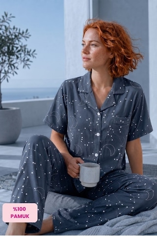 Seamlife Kadın Maskülen Gömlek Yaka Önden Düğmeli Dokuma %100 Pamuk Saten Göğüs Cepli Kısa Kollu Pijama Takımı İndigo
