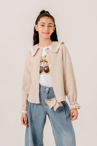 Kız Çocuk Su Taşlı Gömlek T-shirt İkili Takım 1805 Bej