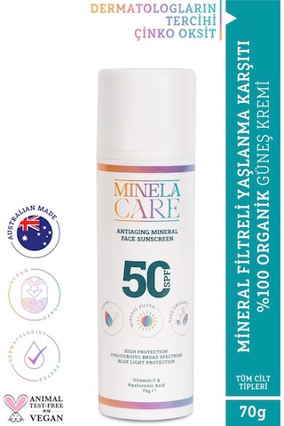 Minela Care Antiaging Organik Mineral Filtreli Yüz Güneş Kremi SPF50 70 G