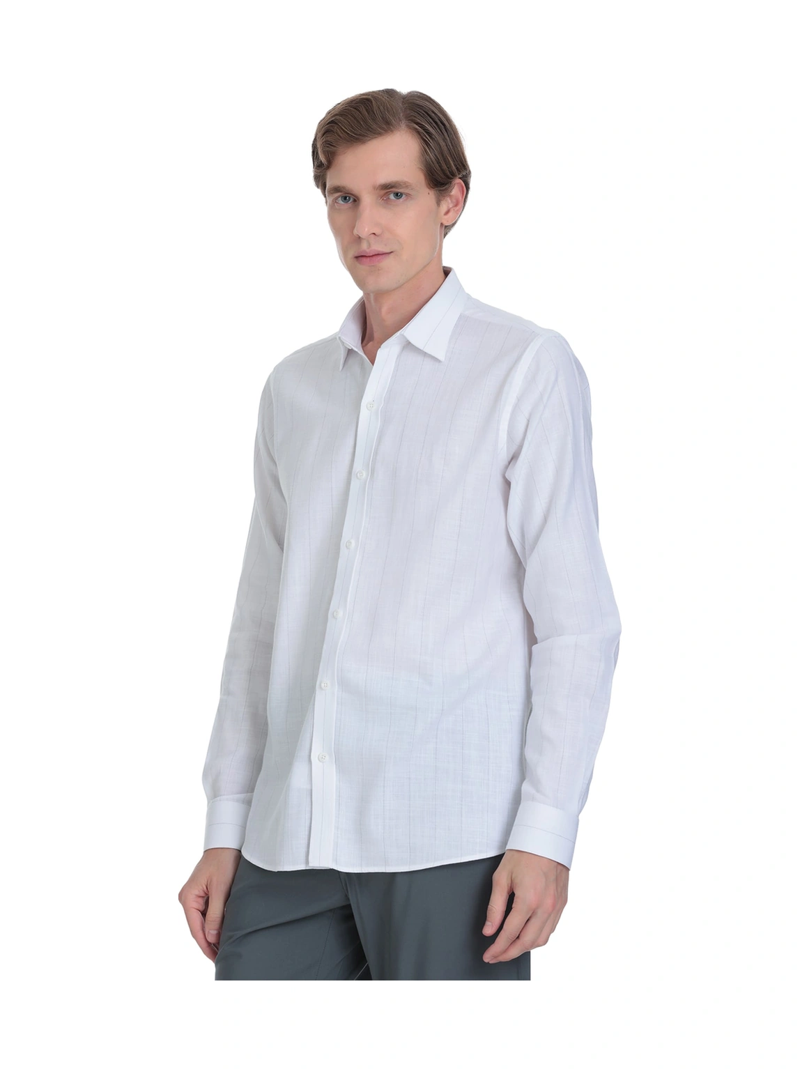 Hatemoğlu Gri Comfort Fit Çizgili Slim Yaka 100% Pamuk Uzun Kollu Spor Gömlek 4112030