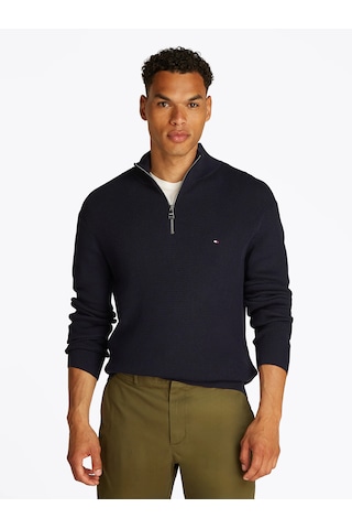 Tommyhilfigertextured Quarter Yarım Fermuarlı Triko Kazak Siyah