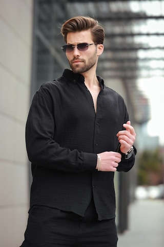 Madmext Siyah Basic %100 Pamuklu Uzun Kollu Erkek Gömlek E6761 Mavi