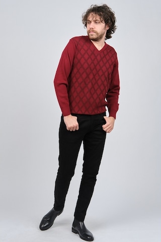 Pave Erkek V Yaka Desenli Yün Kazak 4539072 Bordo Bordo