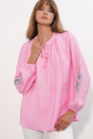 Hiccup Bdart Nakışlı Oversize Krep Bluz Parlak Pembe