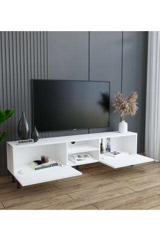 Minimalist 160 Cm Düşme Kapaklı Demir Ayaklı Mdf Beyaz Tv Ünitesi