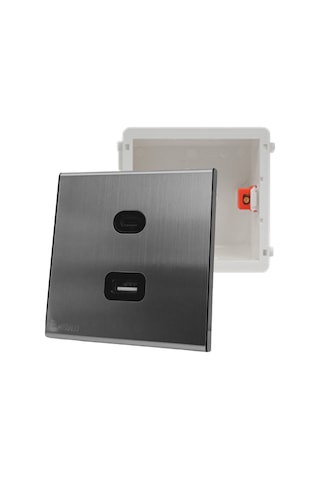 MERALLI INOX USB + USB Type-C güç prizi (20W), hakiki fırçalanmış paslanmaz çelik, çerçevesiz 86×86 Düz kasa dahil