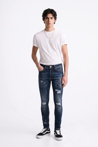 Blue White Erkek Skinny Ripped Patch Detaylı Jean Koyu Mavi 27