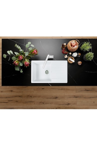 Simpex Tek Göz Damlalıklı Granit Eviye Beyaz 86x50cm